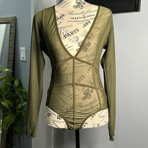 Windsor Olive Green V-Neck See Through Sheer Bodysuit L